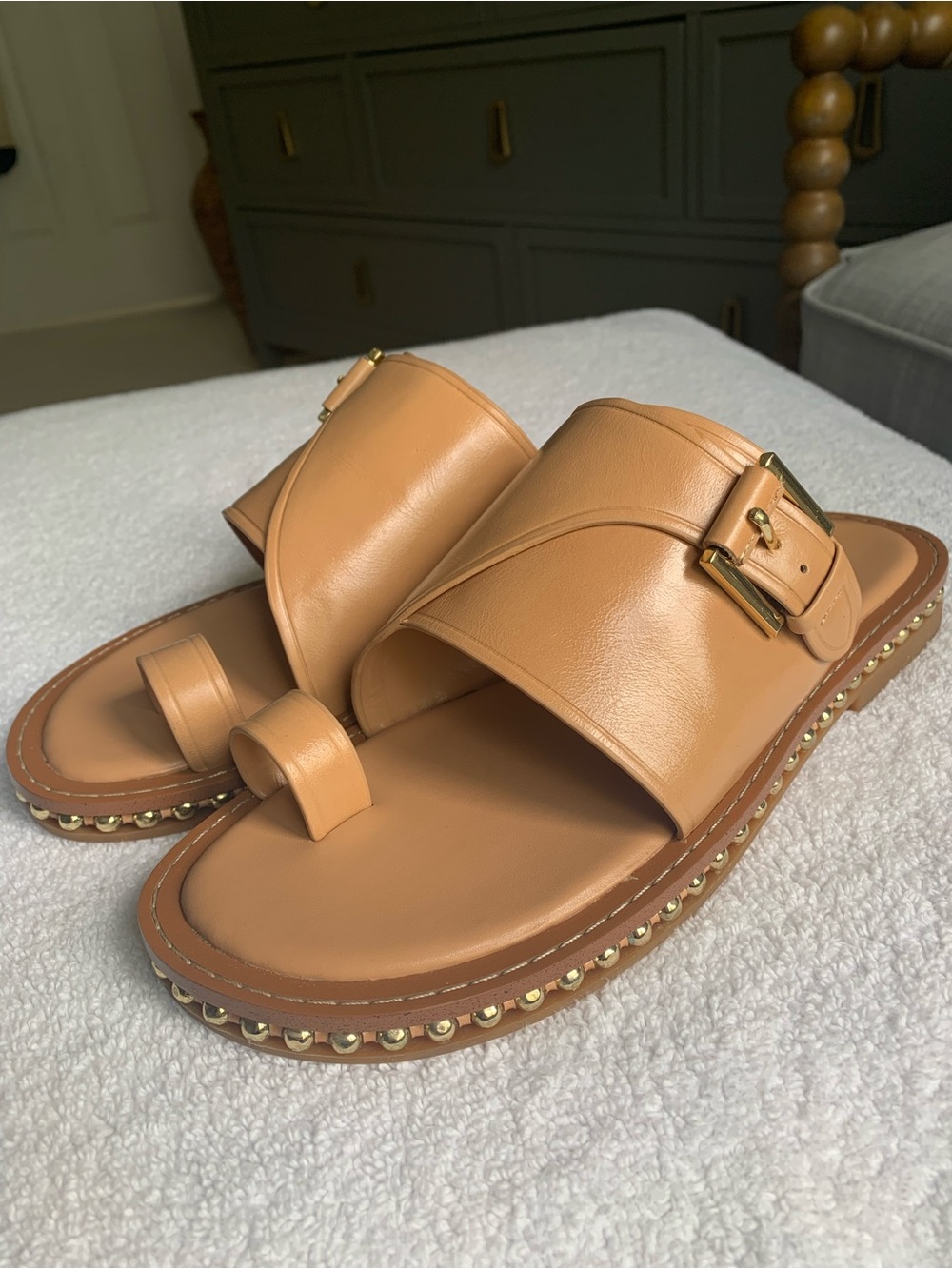 Vince Camuto Tan Leather Slide Sandals with Gold Studs